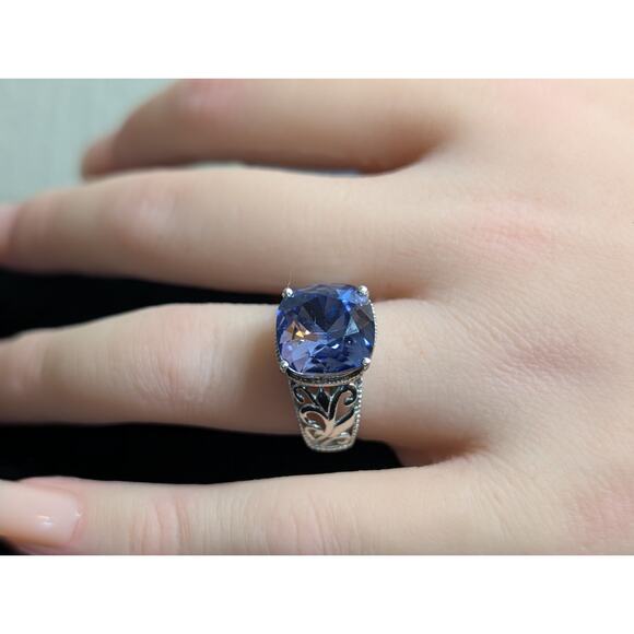 STS Karis Silver Tone Filigree Tanzanite CZ Statement Fashion Ring Sz 6.75 - Picture 1 of 8